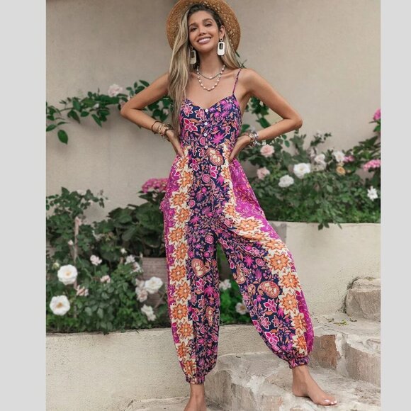 New! Rusttydustty Floral Print Button Front Cami Jumpsuit 35301 - Picture 1 of 14